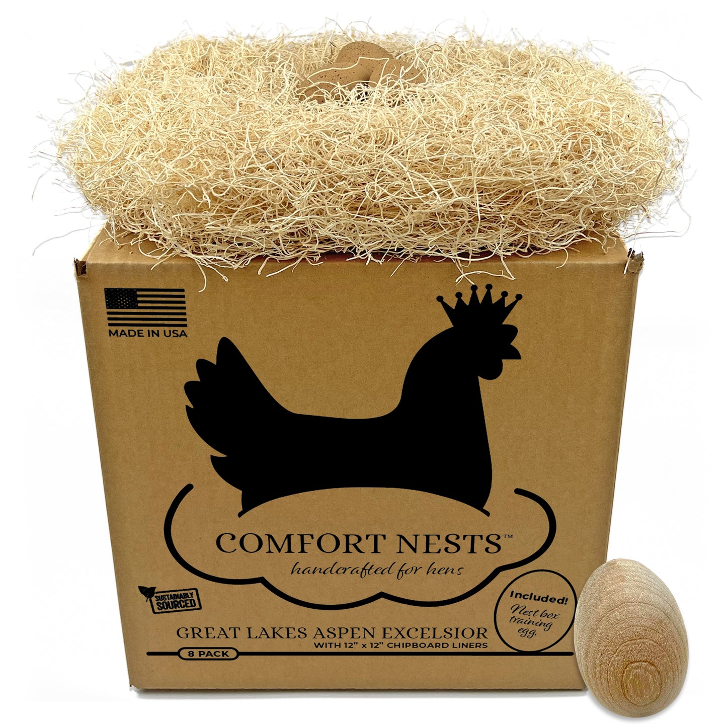 Comfort Nests™ Handcrafted Aspen Excelsior with Chipboard Liners (8 Pack) Includes 1 Wooden Nest Egg